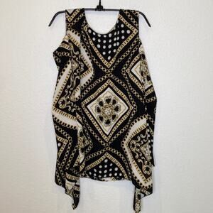 Chico’s Asymmetrical Cold Shoulder Status Print Top Long Sleeve EUC Sz XL